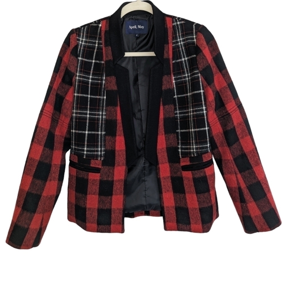April May Willow Plaid Buffalo Check Wool Blend Blazer Jacket Medium Red Black - Picture 9 of 16